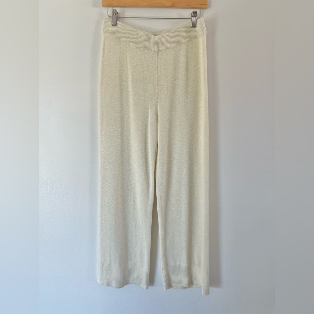 Free People Beach Cream Pull-On Wide Leg Cotton Linen Blend Ribbed Knit Pants